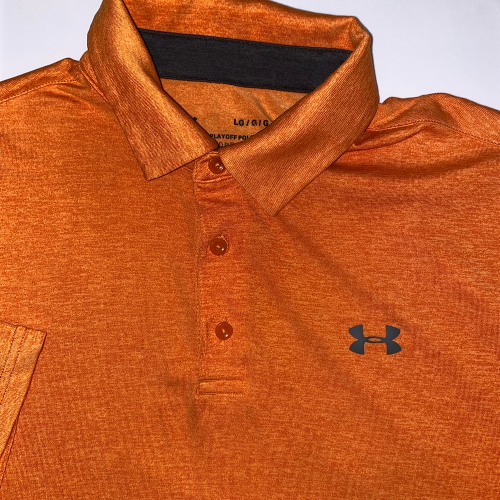 UNDER Armour Playoff Polo Shirt Large Orange SS Loose Fit HeatGear B18-25